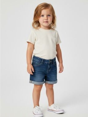 Place medium blue cotton blend denim shorts Girl 5 zip snap side back pockets
